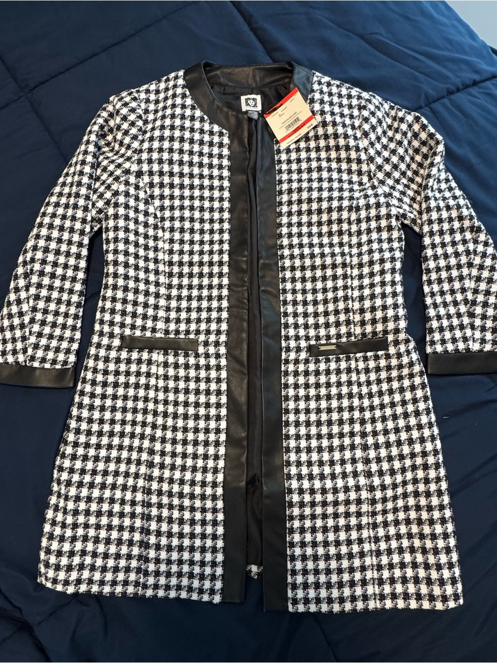 Anne Klein Black & White Houndstooth Long Coat